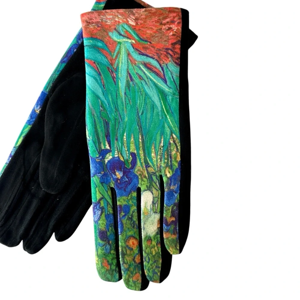 Micro Suede Gloves Van Gogh Iris Inspired Touchscreen Index Finger New
